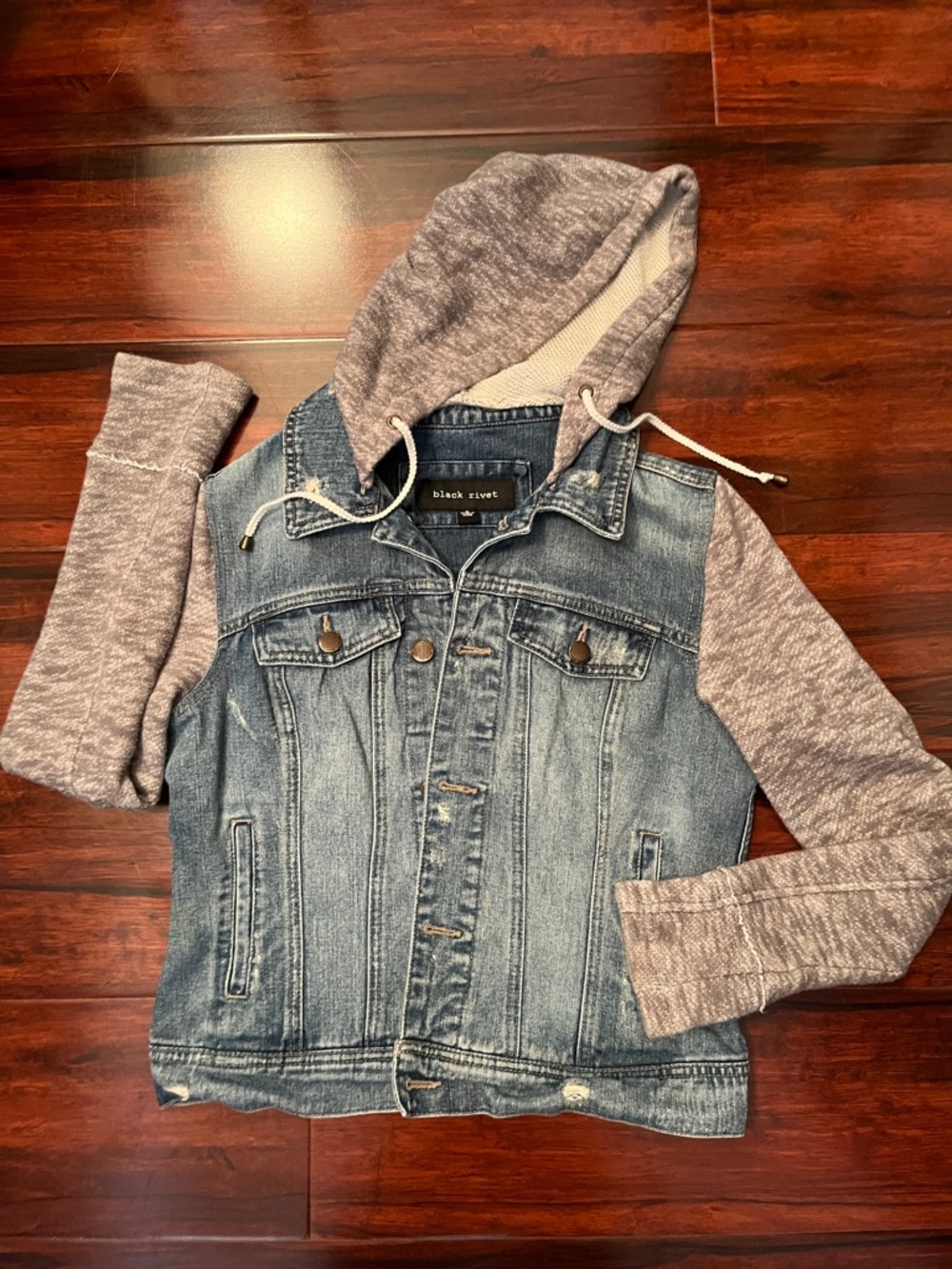 Black Rivet Blue Denim Jacket Grey Sleeves Removable Hood Distressed Size Small